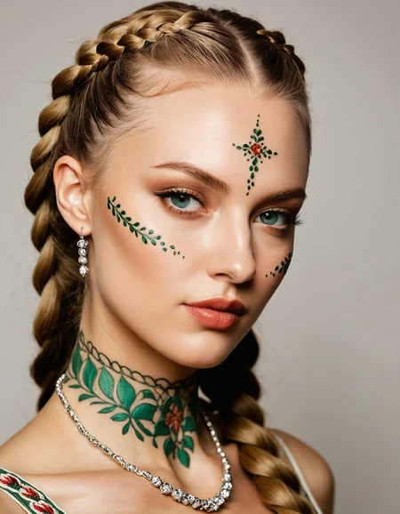 Hungarian Love (Slavic Beauty):A Hungarian woman with ash blonde braids, translucent ivory pale white complexion with a delicate glow, piercing green eyes, and perky lips with a gentle smile, (her detailed, pale-white skin, adorned with a (traditional Hungarian tattoo)) with intricate Slavic-inspired patterns, embroidered traditional Hungarian design tattooed-body painting. Her candid pose with natural elegance, frankly embodying the slavic elegance of the Hungarian in Land of the Danube. (Hungarian Style, Slavic Tattoo, Hungarian Allure, Candid gaze).