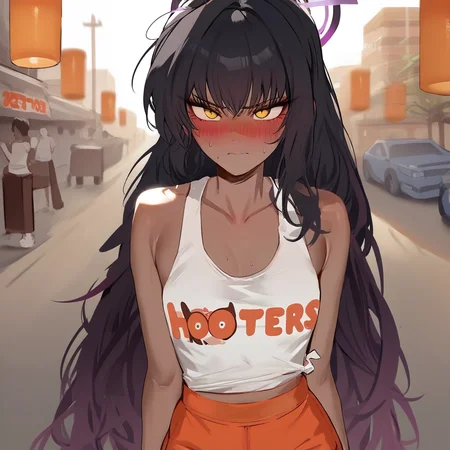 score_9, score_8_up, score_7_up, source_anime, expressive, anime, Artist speedlines, dynamic, 1woman, (Karin_(Blue Archive)), (dark-skinned_female:1.2), yellow eyes, hooters, hooters_uniform, uniform, white shirt, tanktop, orange_shorts, print_tank_top, blush, blushing, embarrassed, outdoors, urban, sunlight, light filtering,