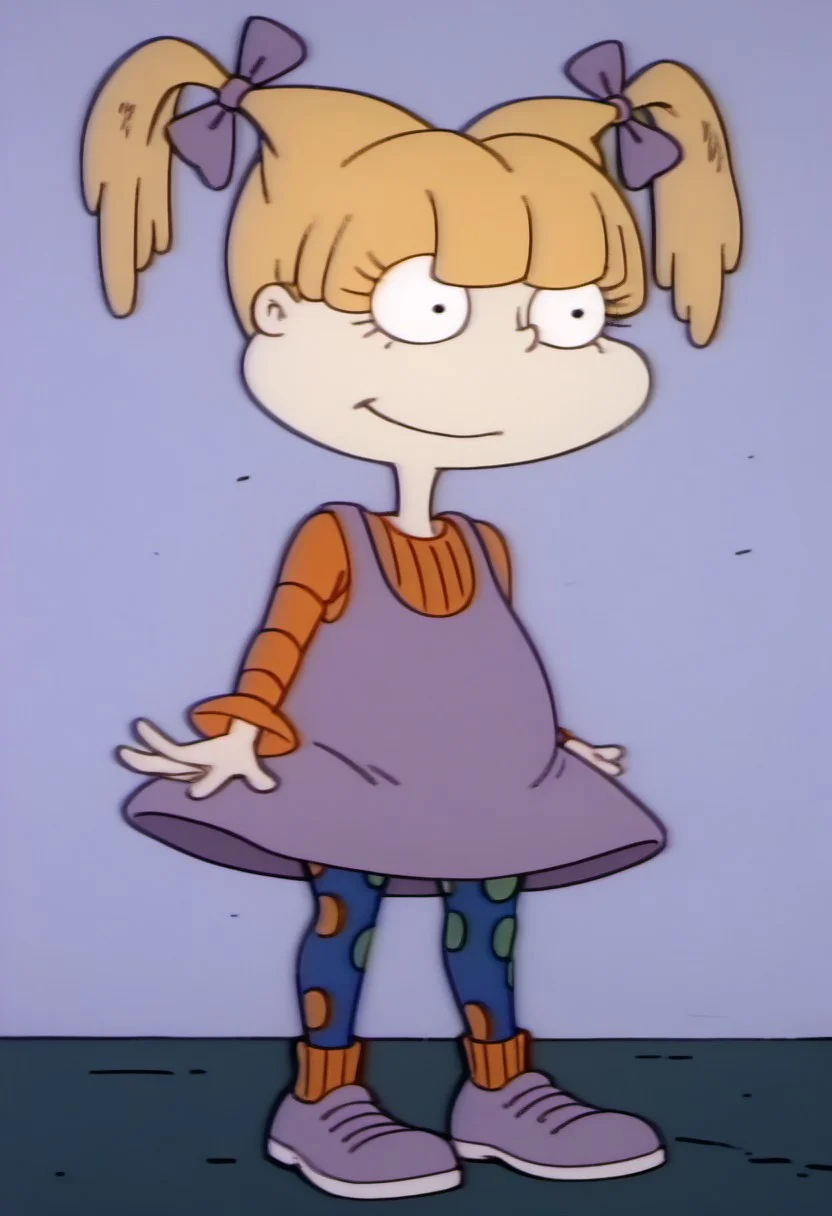 score_9, score_8_up, score_7_up BREAK AngelicaP, 1girl, blonde hair, black eyes, pigtails, purple bows, sleeveless purple dress, orange longsleeved shirt, blue green polka dot leggings, orange socks, purple white shoes, cartoon, source_cartoon,