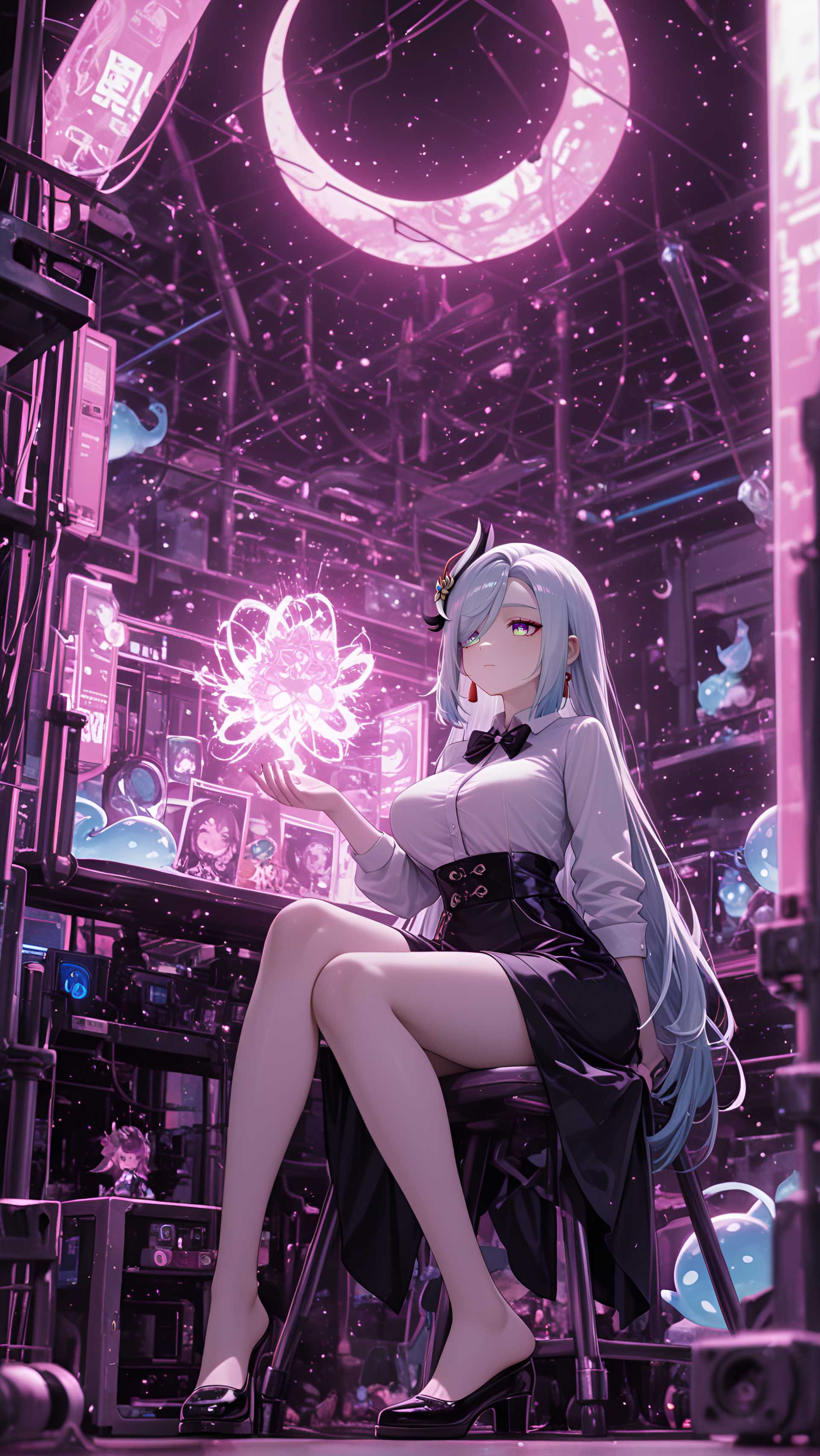 perky breasts, motion_lines:1.1, black bow tie, pointed_ears, feet peeking out, absurdres, very aesthetic, motion_blur:1.1, white shirt, Shenhe (Genshin Impact), large breasts, 8K, RTX, blurry foreground, Mermaid sit - Sitting with legs folded to one side, ultra-detailed, anime character, very long hair, pale skin, barefoot, slime_(creature), Establishing shot, oxford shoes, masterpiece, Neon Sapphire Theme, Undine, glow, miniature world, ambient occlusion, amazing quality, Moonlight (Silvery, straight hair, newest, best quality, Crescent), absolutely eye-catching, group, Forest ombré hair, Rocket engine test stand control room, 1girl, Ethereal, Black tuxedo, depth of field, nail_polish