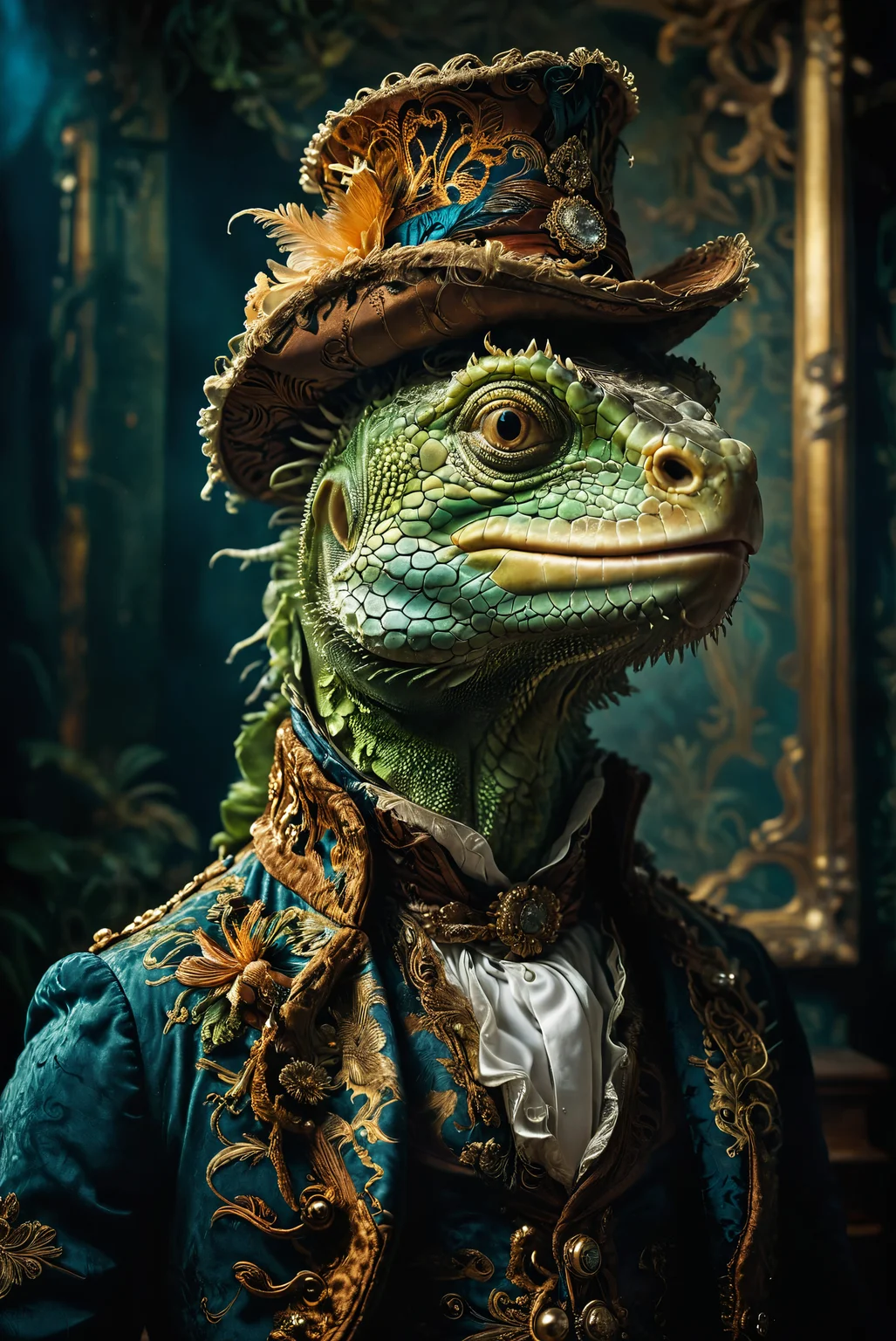 anthropomorphism. Create a portrait of an iguana dressed in 18th-century men's attire. The iguana wears an elaborate, ornate waistcoat, a ruffled cravat, and a classic tricorn hat, all rendered in rich fabrics and intricate patterns.
, photography, Natural geographic photo, Hyper-realistic, 16k resolution, (masterpiece, award winning artwork), many details, extreme detailed, full of details, Wide range of colors, high Dynamic,
<lora:MJ52:0.4>, <lora:SDXLFaeTastic2400:0.8>, <lora:CinematicStyle_v1:0.8>, <lora:zavy-cntrst-sdxl:0.5> novuschroma37 style, style of holga photography, light leaks, double exposure, <lora:add-detail-xl:2>
