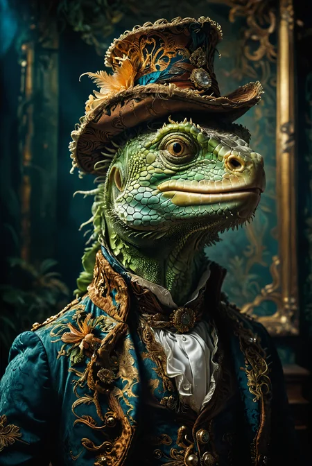 anthropomorphism. Create a portrait of an iguana dressed in 18th-century men's attire. The iguana wears an elaborate, ornate waistcoat, a ruffled cravat, and a classic tricorn hat, all rendered in rich fabrics and intricate patterns.
, photography, Natural geographic photo, Hyper-realistic, 16k resolution, (masterpiece, award winning artwork), many details, extreme detailed, full of details, Wide range of colors, high Dynamic,
<lora:MJ52:0.4>, <lora:SDXLFaeTastic2400:0.8>, <lora:CinematicStyle_v1:0.8>, <lora:zavy-cntrst-sdxl:0.5> novuschroma37 style, style of holga photography, light leaks, double exposure, <lora:add-detail-xl:2>