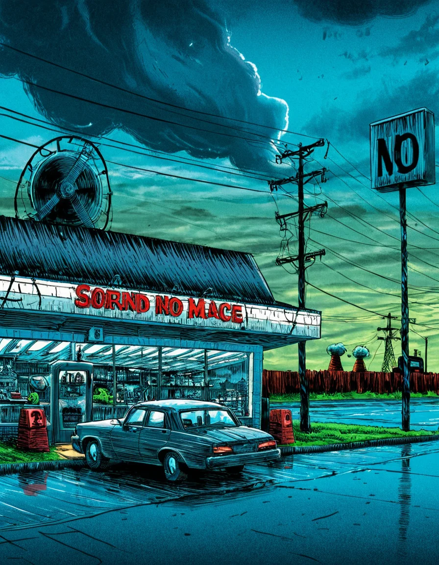 concept art . digital artwork, illustrative, painterly, matte painting, highly detailed,
t1md0yl3, outdoors scenery, sky, cloud, tree, no humans, cloudy sky,
a car parked in front of a convenience store,
building, motor vehicle, fence, car, road, vehicle focus, brick wall, lamppost, power lines, street, chain-link fence, utility pole,
nuclear power station stacks,
<lora:tim_doyle-SDXL-v1:1>
