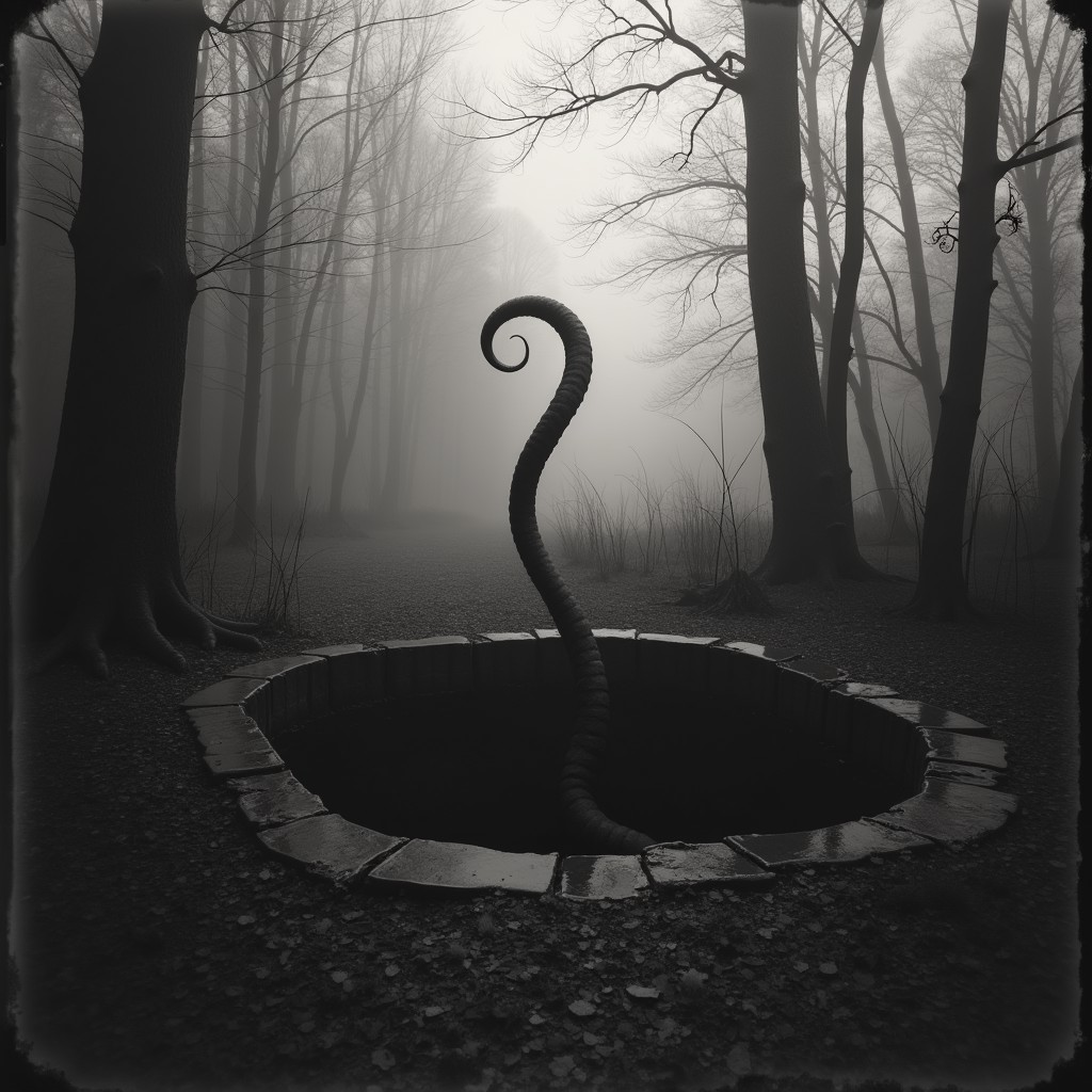 01dPh0t0, black and white photo, dark, shadow, distorted, grainy, film grain, Victorian, aged photograph, a long lone tentacle reaches out of an abandoned well in the woods, fog, atmospheric, creepy