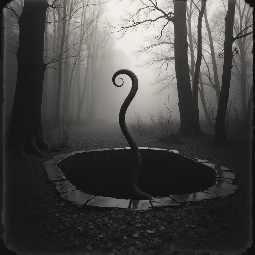 01dPh0t0, black and white photo, dark, shadow, distorted, grainy, film grain, Victorian, aged photograph, a long lone tentacle reaches out of an abandoned well in the woods, fog, atmospheric, creepy