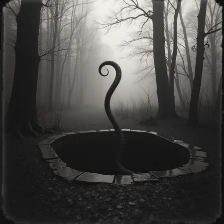 01dPh0t0, black and white photo, dark, shadow, distorted, grainy, film grain, Victorian, aged photograph, a long lone tentacle reaches out of an abandoned well in the woods, fog, atmospheric, creepy