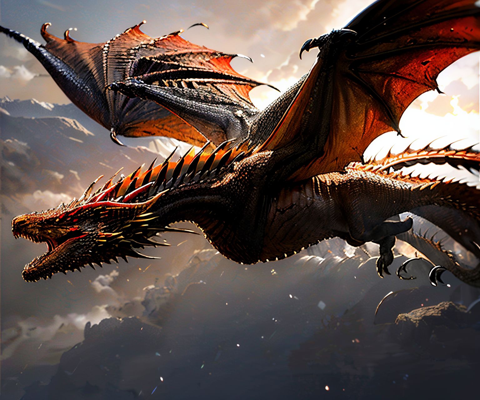 EdobDragon, hell red dragon with horns, open wings, flying, (realistic:1.5), <lora:EdobDragon_v1.0:1>