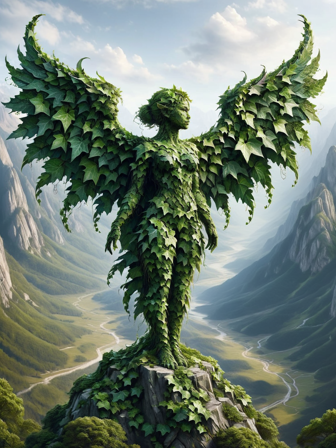 An ais-ivy griffin, wings outstretched, sculpted in majestic detail, stands atop a mountain crag overlooking a vast valley. <lora:ais-ivy-sdxl:1>