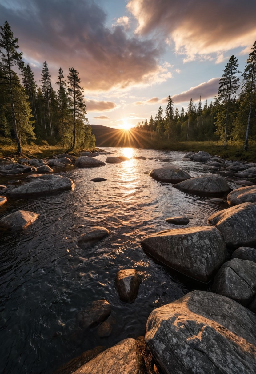 masterpiece, high quality, RAW photo, Norway, amazing nature, primeval wilderness, picturesque forest, epic sunset, bright clouds, beautiful sky, sun, desolate landscape, clean river, scenery, realistic, pristine atmosphere, photorealistic, 8K, highly detailed,