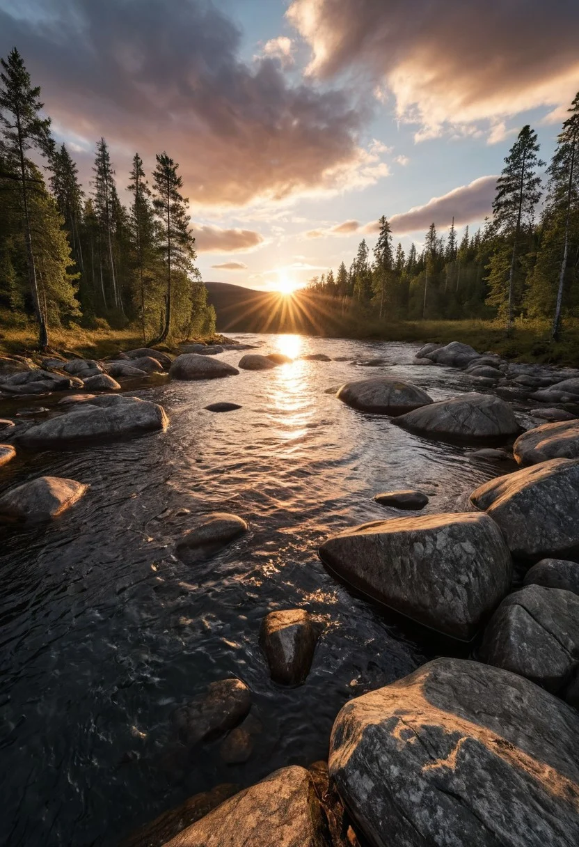 masterpiece, high quality, RAW photo, Norway, amazing nature, primeval wilderness, picturesque forest, epic sunset, bright clouds, beautiful sky, sun, desolate landscape, clean river, scenery, realistic, pristine atmosphere, photorealistic, 8K, highly detailed,