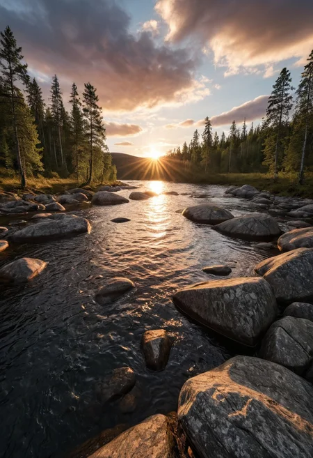 masterpiece, high quality, RAW photo, Norway, amazing nature, primeval wilderness, picturesque forest, epic sunset, bright clouds, beautiful sky, sun, desolate landscape, clean river, scenery, realistic, pristine atmosphere, photorealistic, 8K, highly detailed,