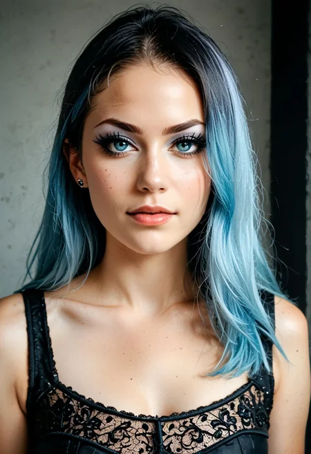 epiCPhotoGasm-colorfulPhoto, score_9, score_8_up, score_7_up, score_6_up, score_5_up, score_4_up, raw, photo, realistic, 1girl, andrea, 1girl, makeup, eyeshadow, freckles, light blue hair, long hair, multicolored hair, gothicstyle, (full body), gothic body armor, goth accessories, goth makeup, beautiful eyes, bright colors, high contrast, vivid lighting,, zPDXL2,