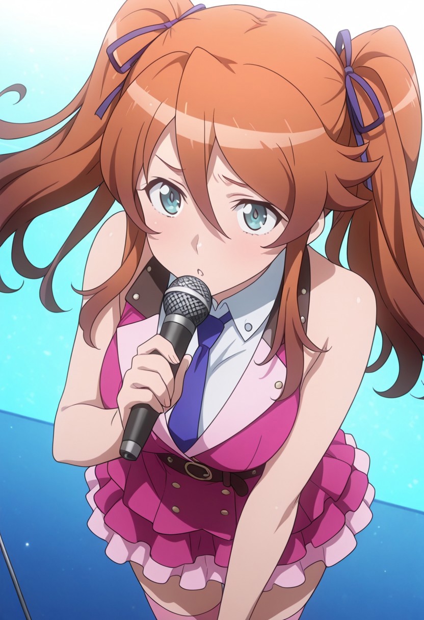 masterpiece,best quality,highres, source anime, anime screencapture,  aya_sugihara, 1girl, twintails, long hair, brown hair, green eyes, blue eyes, breasts,  necktie, sleeveless, pink waistcoat, white collared_shirt, ribbon,  skirt, thighhighs, belt, zettai ryouiki, idol, upper body, idol, music, holding microphone, close up, safe,