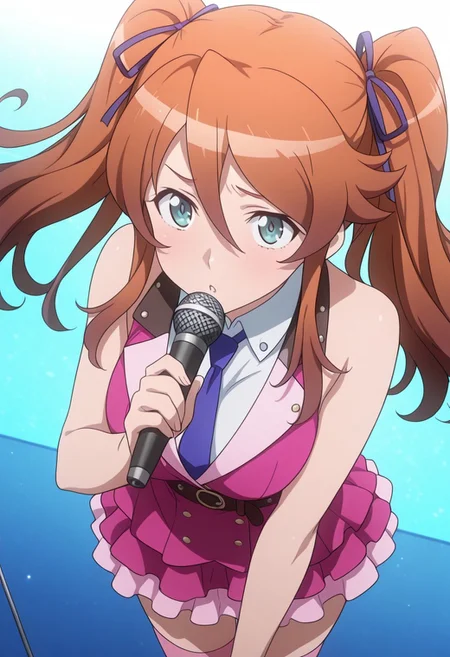 masterpiece,best quality,highres, source anime, anime screencapture, aya_sugihara, 1girl, twintails, long hair, brown hair, green eyes, blue eyes, breasts, necktie, sleeveless, pink waistcoat, white collared_shirt, ribbon, skirt, thighhighs, belt, zettai ryouiki, idol, upper body, idol, music, holding microphone, close up, safe,
