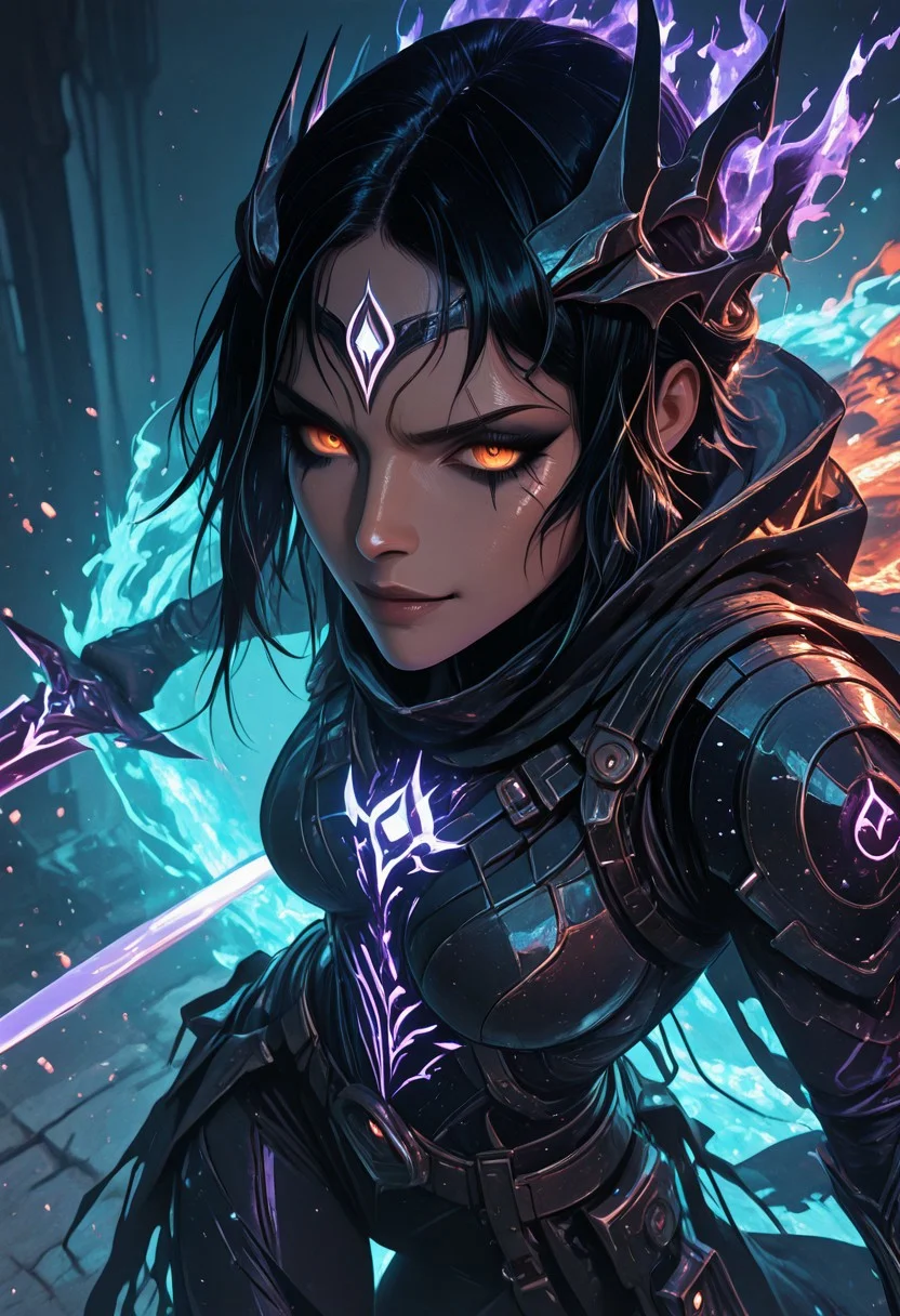 (masterpiece), (best quality), 8k, 1girl, celestial assassin, intense low lighting, glowing crescent blades, purple glow, dual-wielding, shadowed face, glowing eyes, dark eclipse sky behind her, glowing voidlight aura, Void crown, half crescent crown, orange eyes, mystical sigils, long flowing cloak fluttering, sci-fi fantasy armor with celestial patterns, moonlit silhouette, cinematic perspective, ethereal particles, radiant eclipse corona, sleek asymmetrical hairstyle, atmosphere of silent finality, black eyeshadow, Void flames, Burning Cloak, Flaming cloak,
Action Shot, Slashing blades, Fierce expression, partical effects, dynamic, Dynamic position, Dynamic angle, Combat, intense, intense expression, Anger, half smirk,
Unique, close up, cowboy shot, dutch angle, foreshortening,
Looking at viewer, (Close up, Face Focus),