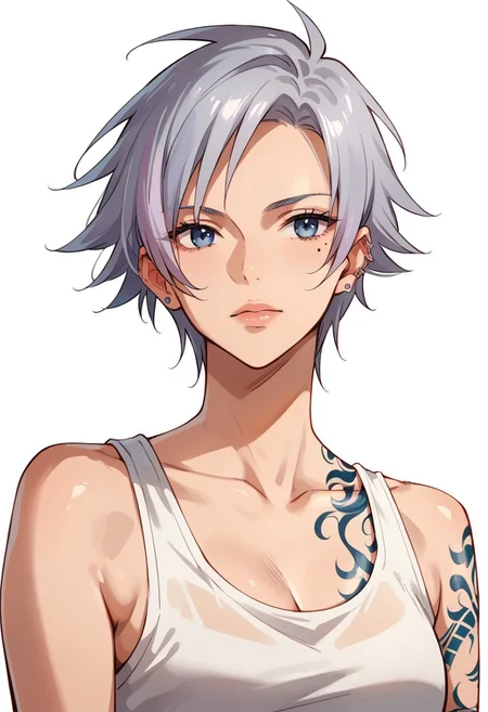 score_8, score_8_up, score_7_up, source_anime, 1girl, solo, female focus, Helena_CF, silver hair, short hair, bangs, asymmetrical hair,  asymmetrical earrings, ear piercing, earrings, mole under eye, neck tattoo, white tank top, portrait, simple background, white background