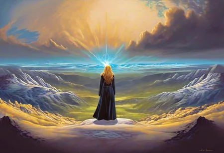 1woman, blonde hair, she's the grim reaper, facing away, rocky hill, standing, black robe blowing in the wind, clouds, sky, sunset, stars, cosmic, in meditation, ultra detailed landscape, bright yellow energy surrounding surrounding her, volumetric lighting, ultra detailed clothes, ultra detailed body, ultra detailed hair, looking at an ancient city made of blue crystals is in the distance, serenity, glowing,
by Natalia Rak and Barclay Shaw in the style of Jessica Rossier, <lora:EnvyAnimeWatercolorXL02:0.60> , Elmore_Style_LX <lora:Elmore_Style_LX-000011:0.60>