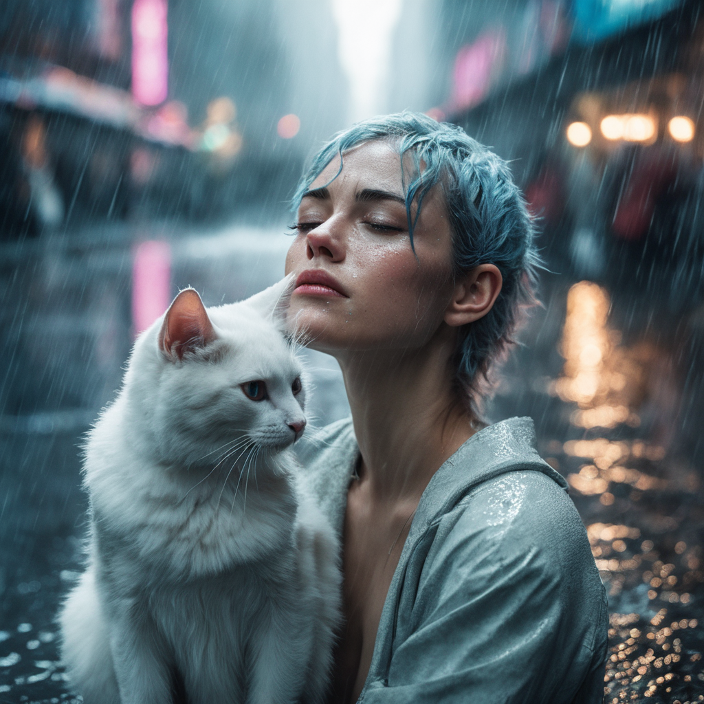 RAW photo, (photo flash:1.5) (fashion photography) (pictorialist style), fashion shot, realistic photo style, sharp focus,
(full body shot) of a 20 yo girl with ice blue hair in future clothes, angry or crying and sad looking, tearful and open-mouthed, reveal sorrow, open mouth, teary, tear, sorrow, crying, transparent liquid, water tears, glass tears, cute face, eye level, focus on eyes,
she ist wearing a sleek metallic jumpsuit with holographic accents, LED-lit seams, form-fitting silhouette, iridescent fabric, touch-responsive panels, adaptive color-changing, avant-garde asymmetry, integrated tech accessories, gravity-defying drapes, translucent mesh inserts, biomimetic textures, 3D-printed details, energy-efficient materials, microfiber sensors, minimalist cutouts, modular layering, neural interface compatibility, solar-charging capabilities
She is holding a white cat, rain, (wet fur:1.2), water droplets, puddles, drenched, shimmering, damp paws, misty air, whiskers glistening, gray skies, reflective eyes, soggy whiskers, damp nose, fur clinging, splashing, damp coat, rainy day, water-soaked, watery world
photo location is a night scene from blade runner movie: moviestill, (bright dazzling neon lights:1.3), futuristic skyline, neon-lit alleys, rain-soaked pavement, towering skyscrapers, gritty urban sprawl, synthetic humans, bustling crowds, holographic billboards, flying vehicles, dimly lit shops, cyberpunk aesthetics, dystopian atmosphere, steamy vents, flickering lights, androids in shadows, moody reflections, artificial intelligence, techno-noir setting, dark mysteries, urban decay, rain-slicked streets, augmented reality, electronic hum, metropolitan dystopia, eerie silence, urban isolation, polluted skies, neon glow, tech-enhanced crime, melancholic undertones, enigmatic figures, uncertain future, digital billboards, glimmering advertisements, corporate dominance, haunting alleys, tech noir ambiance, abandoned corners, cybernetic implants, forbidden desires, existential questions, artificial lifeforms, ethereal music, looming architecture
dappled light on face, pale skin, no make-up, detailed face and eyes, natural skin texture, (highly detailed skin:1.1), (textured skin:1.1), (skin pores:1.1), (oiled shiny skin:0.5), (skin blemish:1.2), (imperfect skin:1.1), intricate skin details, visible skin detail, detailed skin texture, detailed eyes, round iris, remarkable detailed pupils, light reflections in her eye, visible cornea, highly detailed iris, tiny blood vessels in the eye, small freckles, wrinkles, pimples,  beauty spot, <lora:polyhedron_all_sdxl-000004:0.7>
celluloid's unique character, film grain, (no depth of field:1.5), movie shot with (panavision panaflex gold camera:1.1) on (celluloid:1.2), shot by ridley scott, shot by Denis Villeneuve, best quality, masterpiece, ultra high res, (photorealistic:1.4), 8K raw photo, professional photography, award winning photo, ((light)) photography