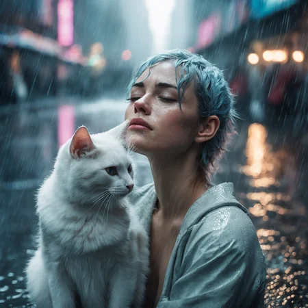 RAW photo, (photo flash:1.5) (fashion photography) (pictorialist style), fashion shot, realistic photo style, sharp focus,
(full body shot) of a 20 yo girl with ice blue hair in future clothes, angry or crying and sad looking, tearful and open-mouthed, reveal sorrow, open mouth, teary, tear, sorrow, crying, transparent liquid, water tears, glass tears, cute face, eye level, focus on eyes,
she ist wearing a sleek metallic jumpsuit with holographic accents, LED-lit seams, form-fitting silhouette, iridescent fabric, touch-responsive panels, adaptive color-changing, avant-garde asymmetry, integrated tech accessories, gravity-defying drapes, translucent mesh inserts, biomimetic textures, 3D-printed details, energy-efficient materials, microfiber sensors, minimalist cutouts, modular layering, neural interface compatibility, solar-charging capabilities
She is holding a white cat, rain, (wet fur:1.2), water droplets, puddles, drenched, shimmering, damp paws, misty air, whiskers glistening, gray skies, reflective eyes, soggy whiskers, damp nose, fur clinging, splashing, damp coat, rainy day, water-soaked, watery world
photo location is a night scene from blade runner movie: moviestill, (bright dazzling neon lights:1.3), futuristic skyline, neon-lit alleys, rain-soaked pavement, towering skyscrapers, gritty urban sprawl, synthetic humans, bustling crowds, holographic billboards, flying vehicles, dimly lit shops, cyberpunk aesthetics, dystopian atmosphere, steamy vents, flickering lights, androids in shadows, moody reflections, artificial intelligence, techno-noir setting, dark mysteries, urban decay, rain-slicked streets, augmented reality, electronic hum, metropolitan dystopia, eerie silence, urban isolation, polluted skies, neon glow, tech-enhanced crime, melancholic undertones, enigmatic figures, uncertain future, digital billboards, glimmering advertisements, corporate dominance, haunting alleys, tech noir ambiance, abandoned corners, cybernetic implants, forbidden desires, existential questions, artificial lifeforms, ethereal music, looming architecture
dappled light on face, pale skin, no make-up, detailed face and eyes, natural skin texture, (highly detailed skin:1.1), (textured skin:1.1), (skin pores:1.1), (oiled shiny skin:0.5), (skin blemish:1.2), (imperfect skin:1.1), intricate skin details, visible skin detail, detailed skin texture, detailed eyes, round iris, remarkable detailed pupils, light reflections in her eye, visible cornea, highly detailed iris, tiny blood vessels in the eye, small freckles, wrinkles, pimples, beauty spot, <lora:polyhedron_all_sdxl-000004:0.7>
celluloid's unique character, film grain, (no depth of field:1.5), movie shot with (panavision panaflex gold camera:1.1) on (celluloid:1.2), shot by ridley scott, shot by Denis Villeneuve, best quality, masterpiece, ultra high res, (photorealistic:1.4), 8K raw photo, professional photography, award winning photo, ((light)) photography