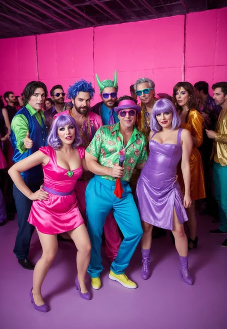 A group of 4 30 year old adults dress up to cos-play characters from an 89's video game at a dance party. The costumes all have colorful neon colors, colorfully stylish, fun, party
