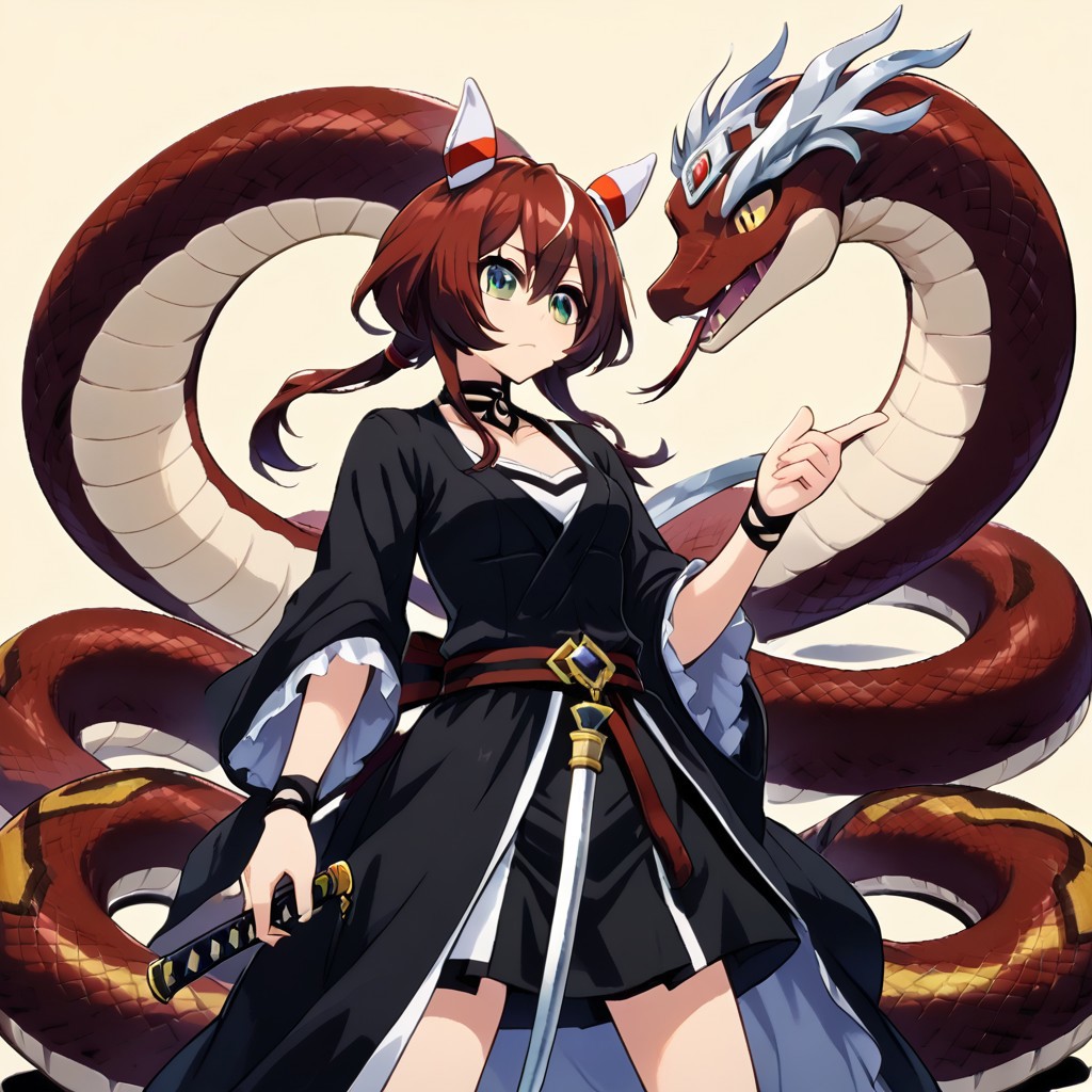( solo, japanese clothes, black kimono,win variation \(umamusume\),18years old,solo ,umamusume , Sinoink, katana, sword , kamae, snake charmer, cool beauty,
(1girl vs snake ) ), animal_ears , black_thighhighs ,  choker , green_eyes ,  horse_ears , horse_girl , horse_tail , leg_belt , red_hair , , small_breasts , solo , standing , tail ), comic bleach , shinigami , anime bleach, alternate_costume ,  , frilled_choker , frills ,simple background , looking at viwer