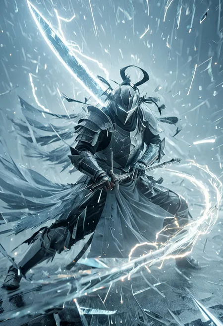 1man, armored samurai, Incoming sword, broken glass, reflection, glowing lightning slash, shatter, holding sword, glowing sword, motion blur, emphasis line, outdoor in the darkness, looking viewer,