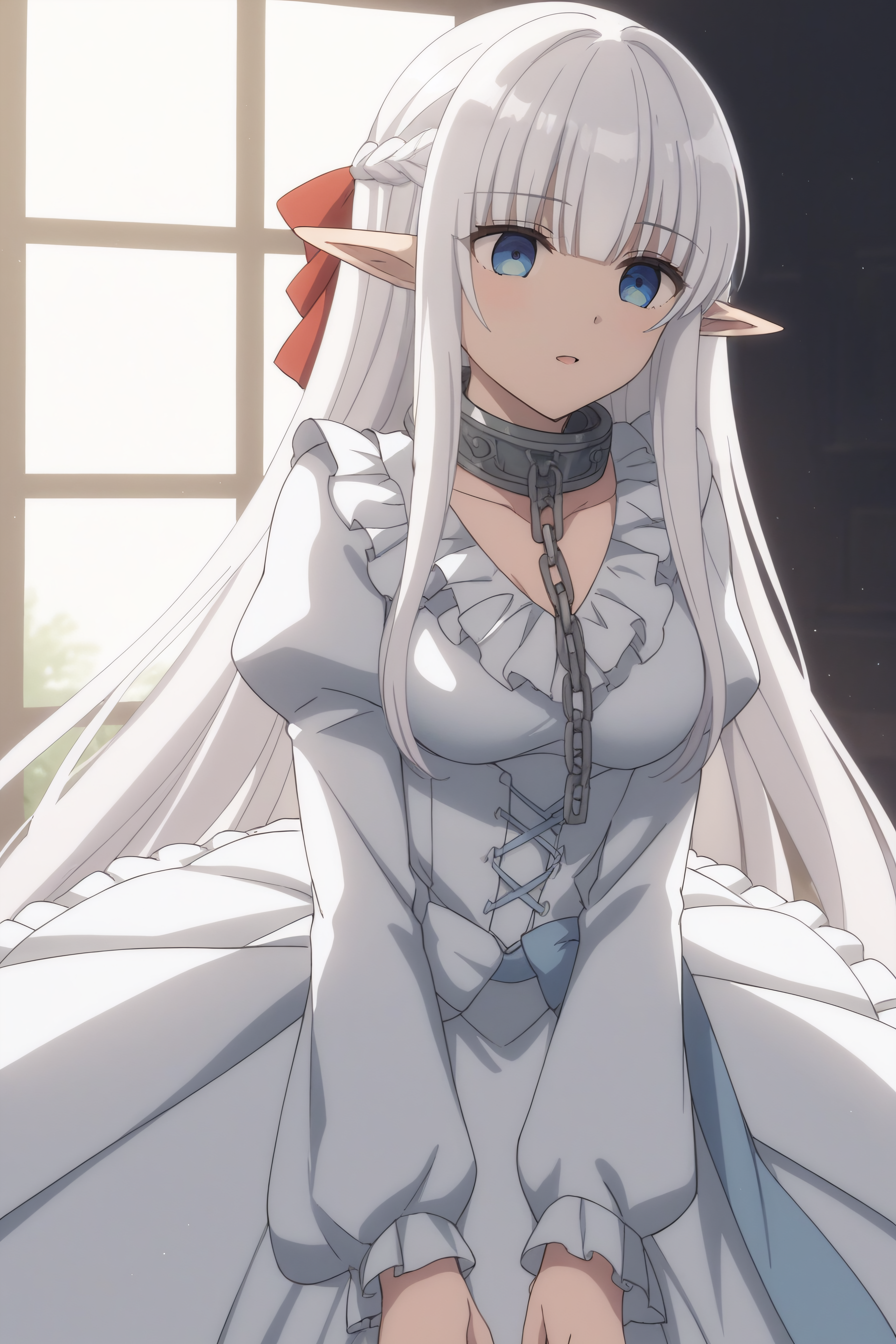 score_9, score_8_up, score_7_up, BREAK source_anime, <lora:Nephelia-PonyXL-lora-faxtron:0.8> nephelia, elf, pointy ears, blue eyes, white hair, long hair, medium breasts, metal collar, white dress, long sleeves, puffy sleeves,