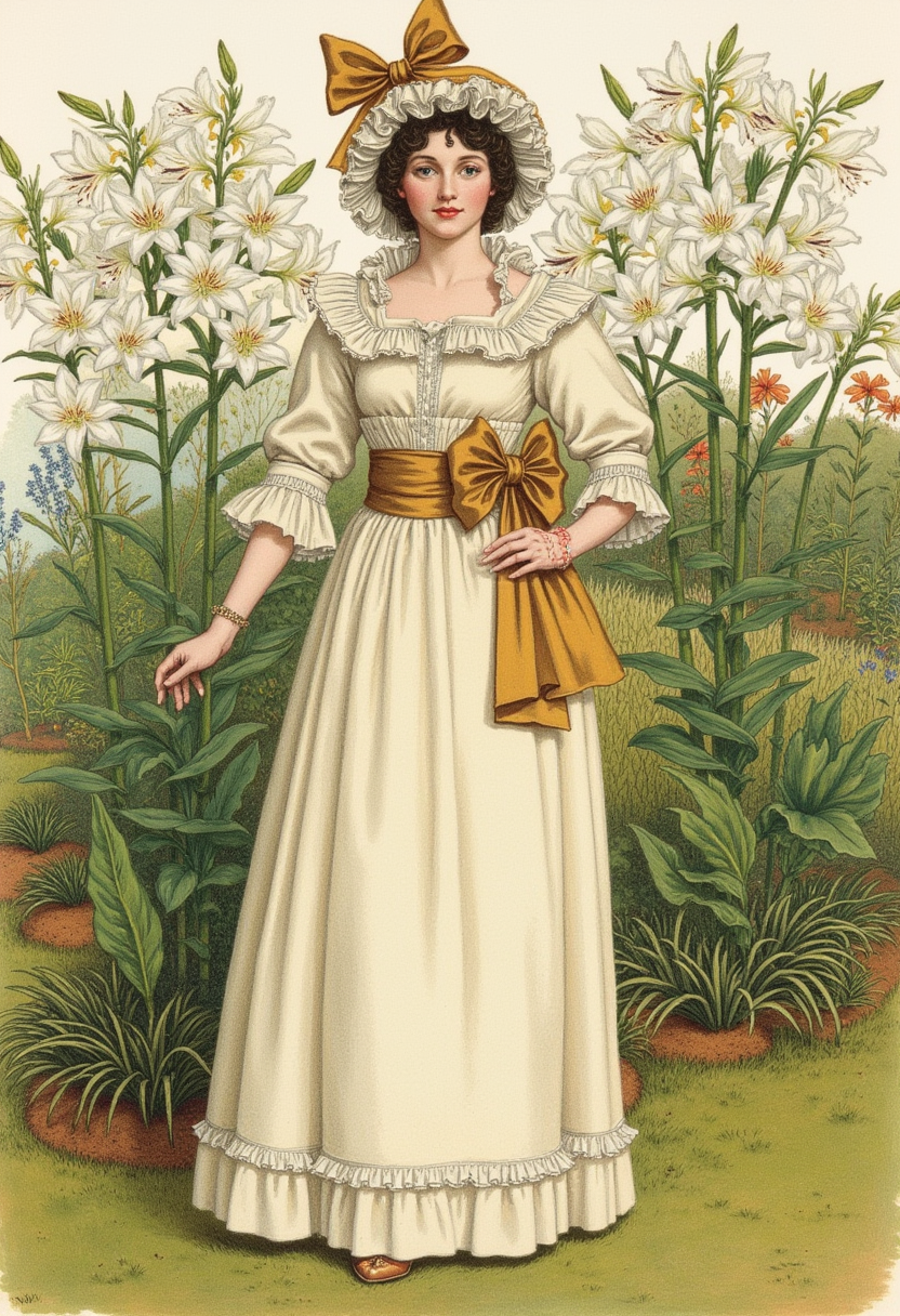 Charming Victorian watercolor painting, by Kate Greenaway. Features woman  in a frilly, cream-colored dress with ruffled collar and cuffs, large sash tied in a bow, and matching bonnet. She stands in a lush garden surrounded by tall white lilies and greenery