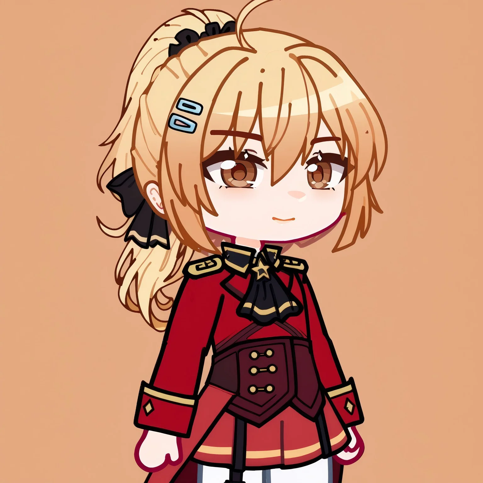 score_9, score_8_up, score_7_up, score_6_up,1girl, solo, liscia, blonde hair, low ponytail, brown eyes, hairclip, hair bow, black ascot, red coat, epaulettes, long sleeves, military uniform, red skirt, white pants, gacha, chibi, face close up