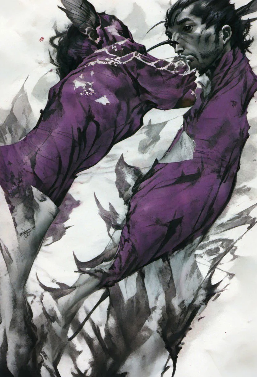 style inspiration Art by Jim Mahfood, Henry Asensio, Vector Create a tattoo with an exquisite ink design on white paper that makes the perfect multi-exposure piece of art. This piece was designed to combine the dimensional hue of purple hibiscus with the hyper-realistic style of a hummingbird. Tattoo, Minimal Solid Letterhead, Dark Fantasy, Poster, Photography, Painting. Vivid, Fashion, Wildlife Photography, Concept Art,