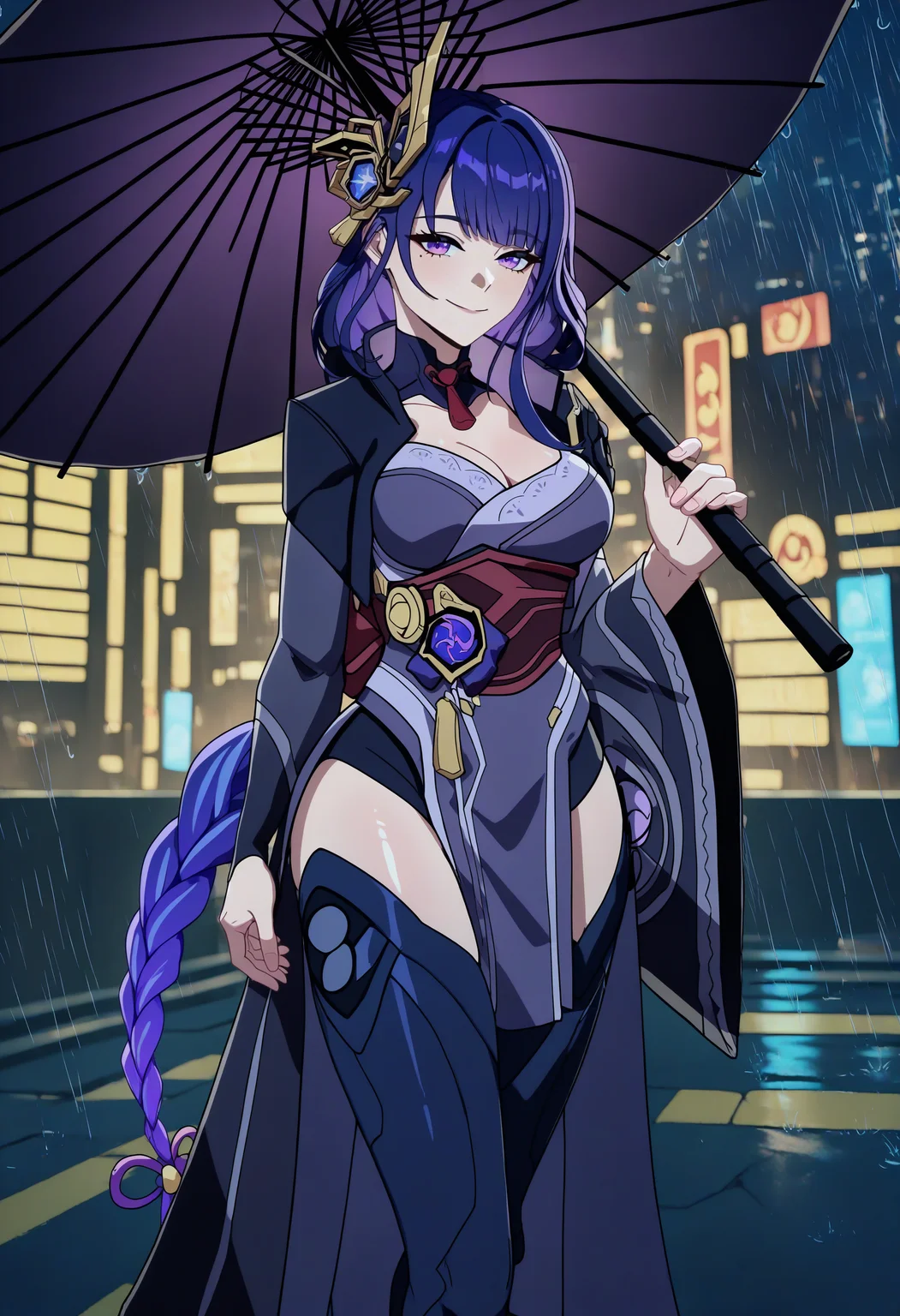 masterpiece, best quality, newest, absurdres, highres, 1girl, RdnPrgntr, purple hair, purple eyes, braided ponytail, single braid, low ponytail, long hair, sidelocks, blunt bangs, mole under eye, large breasts, star hair ornament, japanese clothes, black kimono, long sleeves, wide sleeves, black sleeves, purple flower, family crest, badge, tomoe \(symbol\), mitsudomoe \(shape\), black thighhighs, <lora:RaidenShogun_illusXLNoobAI_Incrs_v1.1:1>, outdoors, cyberpunk, dark, night, city, rain, cityscape, oil-paper umbrella, seductive smile, holding umbrella,