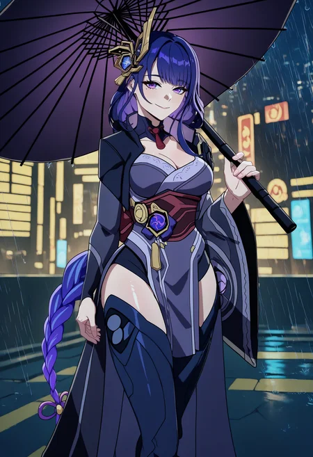 masterpiece, best quality, newest, absurdres, highres, 1girl, RdnPrgntr, purple hair, purple eyes, braided ponytail, single braid, low ponytail, long hair, sidelocks, blunt bangs, mole under eye, large breasts, star hair ornament, japanese clothes, black kimono, long sleeves, wide sleeves, black sleeves, purple flower, family crest, badge, tomoe \(symbol\), mitsudomoe \(shape\), black thighhighs, <lora:RaidenShogun_illusXLNoobAI_Incrs_v1.1:1>, outdoors, cyberpunk, dark, night, city, rain, cityscape, oil-paper umbrella, seductive smile, holding umbrella,