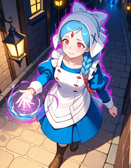 masterpiece, best quality, amazing quality,
medieval street, night, street lantern, passageway, building on the sides,
walking, from above, water droplets, flying droplets, mad expression,
BREAK
purple aura, casting water magic,
LilithFEIF, long hair, braided, two-tone hair, red eyes, glowing eyes, Blue Maid Costume, Apron, White Bonnet, bowtie, blue stitch, forehead crystal, 1girl, brown boots,
casting spell,
mature, water vortex, water bending around body
evil expression, parted lips