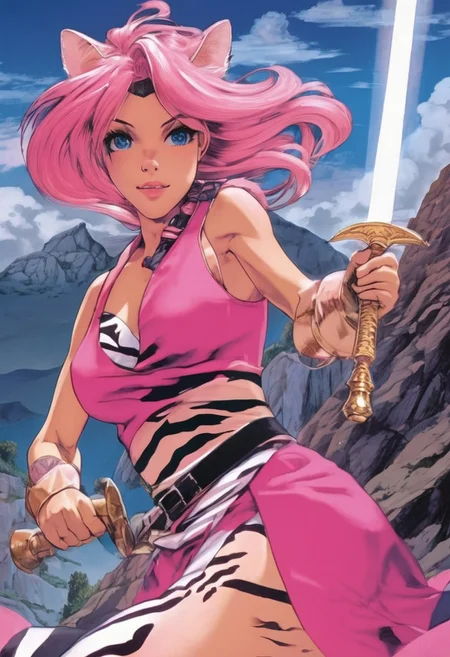 Duo, 1girl, Pink_PonyXL, ((sleeveless dress, white tiger print dress)), pelvic curtain, cleavage, ((white tiger tail)), red sash, ((white cat ears)), medium breasts, ((pink hair, long hair)), sweet smile, wide eyes, single fang showing, Break 1boy, ((link, blonde hair,blue eyes,pointy ears, low ponytail, sidelocks, wearing blue hyilian tunic)), Break, pink standing in fighting pose on a rocky hill, holding a broadsword to the sky, link posing as he looks at pink, storm clouds on the horizon, lightning strike, (((text, bold poster text reading "The Adventure of Pink", text above her))), box_art_frenzy, 1980s Nintendo box cover art, video game,