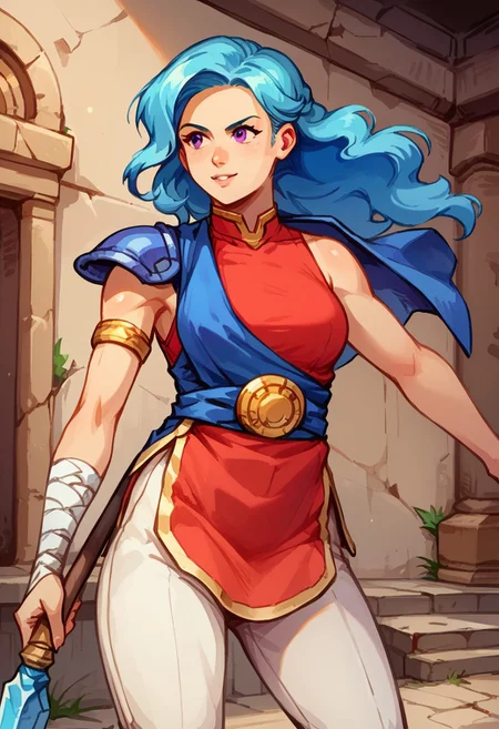 Score_9, score_8_up, score_7_up, score_6_up,score_5_up, anime color, watercolor, ink lines, anime style, source_cartoon, valere, aqua hair, (wavy hair), long hair, curvy hips, purple eyes, single shoulder pad, blue cape, blue sash, red shirt, armlet, sleeveless, bandaged arm, white pants, blue boots, (((close up))), face focus, dynamic angle, huge weapon, (((holding weapon))), double-bladed spear, 1girl, solo, action pose, fighting stance, spear stance, smiling, (best quality,masterpiece), ultra high res,ultra-detailed, :: outdoors, ancient ruins, painted background, sunset,