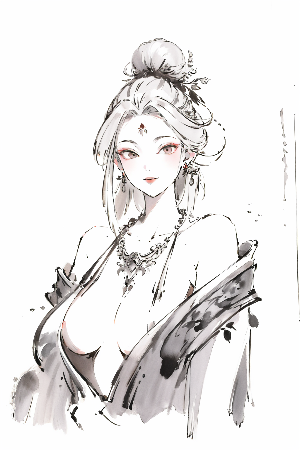 <lora:XiaobaiV2-SD15optimize:1>,
masterpiece,highest quality,exquisite details,amazing art,realistic details,pretty face,real skin,8K,RAW,movie lighting,soft light,shallow depth of field,bokeh,dreamy,
xiaobai,1girl,jewelry,solo,white hair,earrings,looking at viewer,long hair,hair ornament,nail art,upper body,simple background,necklace,parted lips,smile,traditional_media,pastel_color,topless,medium breasts,areola,nipples,<lora:zyd232_InkStyle_v1_0:0.7>,<lora:give it a name:0.8>,<lora:animeLineartMangaLike_v30MangaLike:0.6>,<lora:Freehand_Brushwork:0.7>,, best quality , masterpiece, illustration, an extremely delicate and beautiful, extremely detailed ,CG,unity,8k wallpaper, Amazing, finely detail, masterpiece, best quality,official art,extremely detailed CG unity 8k wallpaper,absurdres, incredibly absurdres, huge filesize , ultra-detailed, highres, extremely detailed,beautiful detailed girl, extremely detailed eyes and face, beautiful detailed eyes,light on face,