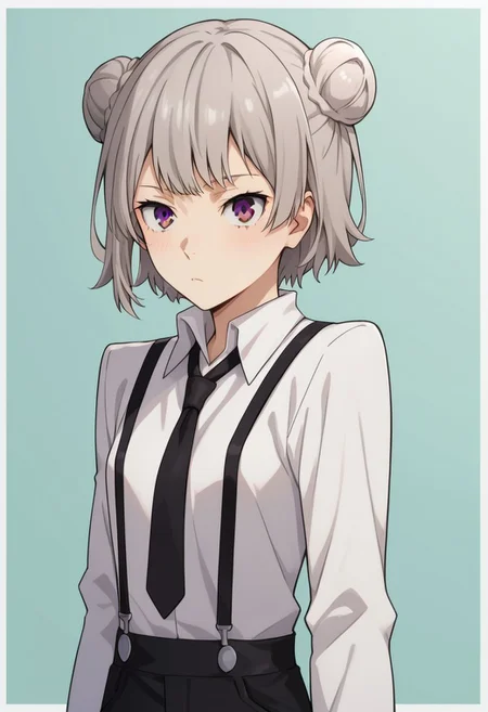 score_9, score_8_up, score_7_up, score_6_up, atsushi_nakajima, 1girl, solo, genderswap, female, koharu rikka, grey hair, purple eyes, short hair, double bun, white shirt, long sleeves, black necktie, suspenders, black pants, source_anime, best quality, masterpiece