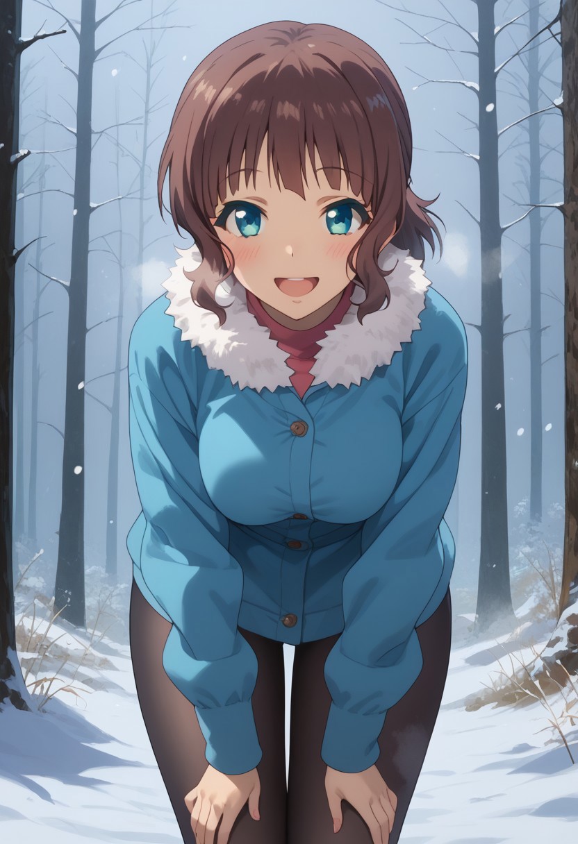 (score_9, score_8_up, score_7_up), 1girl, solo, akari sakishima, short hair, blue eyes, brown hair, loose hair, sidelocks, blushing, big smile, open mouth, steam, steamy, masterpiece, best quality, amazing quality, girl, bent over, fur collar, blue jacket, black leggings, snowing, winter, snowstorm, pine forest, large breasts, full body,