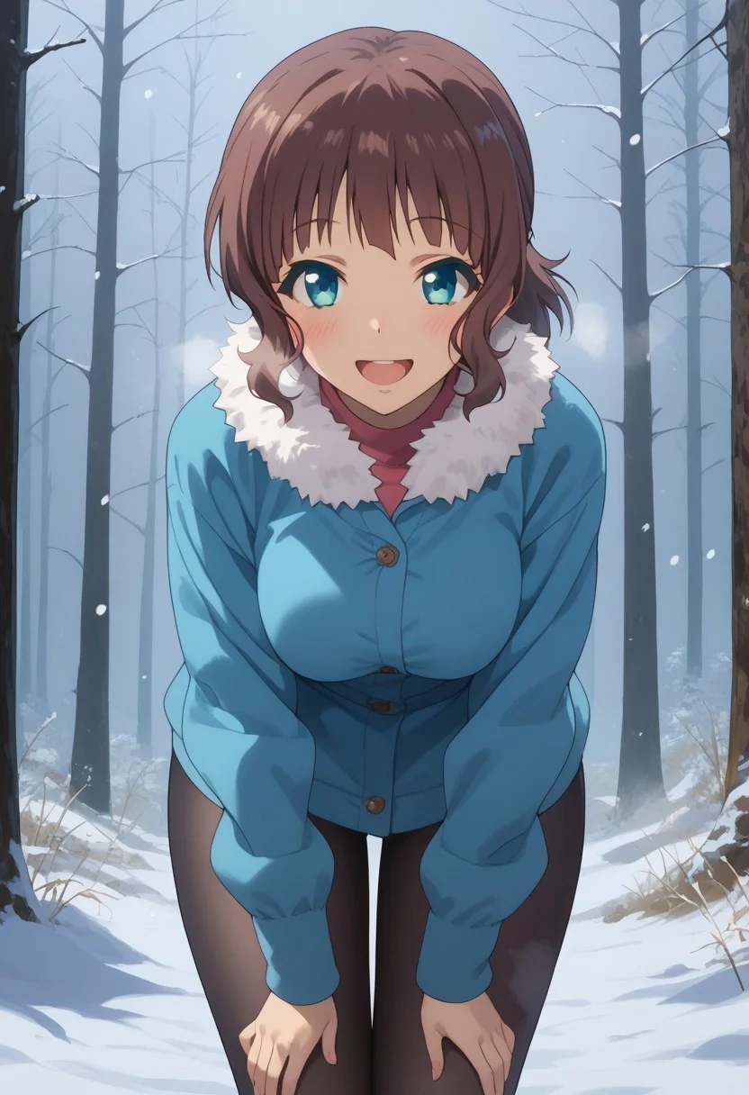 (score_9, score_8_up, score_7_up), 1girl, solo, akari sakishima, short hair, blue eyes, brown hair, loose hair, sidelocks, blushing, big smile, open mouth, steam, steamy, masterpiece, best quality, amazing quality, girl, bent over, fur collar, blue jacket, black leggings, snowing, winter, snowstorm, pine forest, large breasts, full body,