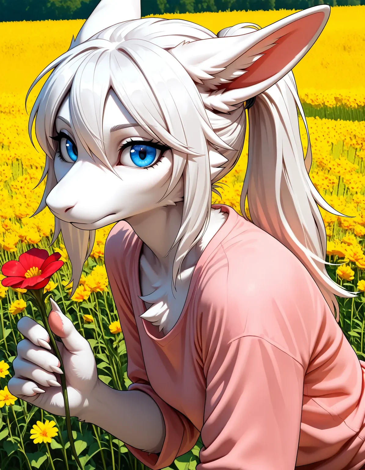 newest, masterpiece, best quality, beautiful lighting, very aesthetic, mixed media, photo background, very awa, perfect composition, BREAK,
freyac, female, white fur, blue eyes, white hair, tail, anime, smooth shading, pink shirt, holding flower, small breasts, chest, big eyes, cute, ears back, ear fluff, white ear fluff, ponytail, expressionless, mouth closed, face focus, from front, looking at viewer, solo, 1girl, ears, facing viewer, leaning forward, (closeup:1.2), flower background, outdoors, nature, field, outdoors,
<lora:Freya v11bNoob9s96:0.8>  <lora:noobai_ep11_stabilizer_v0.138_fp16:0.8>