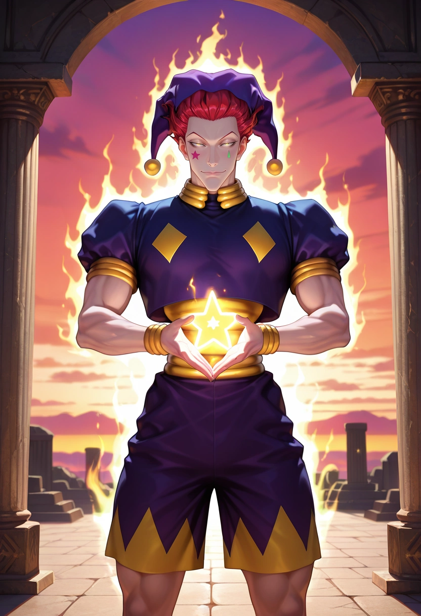 masterpiece, best quality, , (3d:0.4), looking at viewer, 1boy, solo, male focus, <lora:hisoka_morow_ilxl:0.94>, hisoka_morow, red hair, yellow eyes, facial mark, star \(symbol\), ancient sanctuary, carved pillars, glowing symbols, sacred pools, meditating pose, serene expression, twilight, Seersucker shorts, Polo shirt, Brogues, Jester hat,
