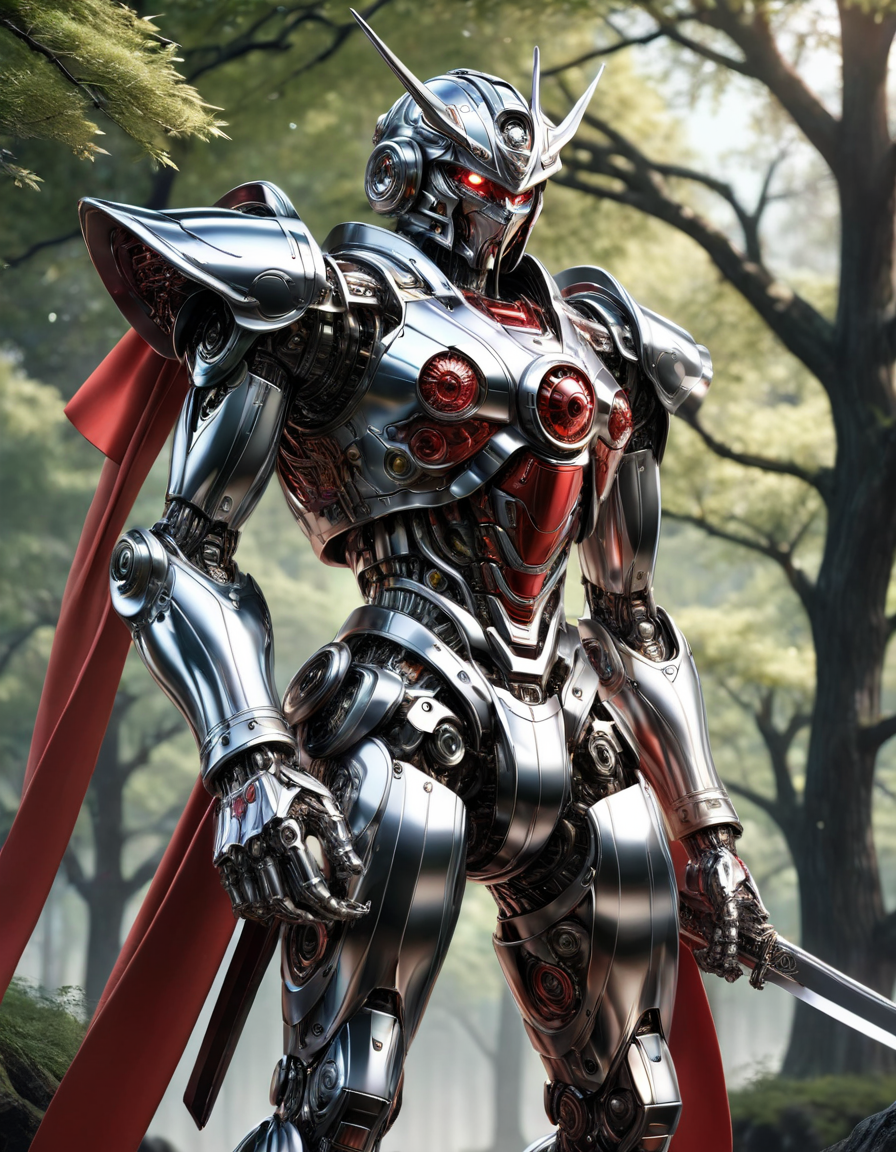 masterpiece,best quality,ultra-detailed,very detailed illustrations,extremely detailed,intricate details,highres,super complex details,extremely detailed 8k cg wallpaper, caustics,reflection,ray tracing, MECHA MUSUME, MECHANICAL PARTS,1boy, face, solo,alone, samurai, single mechanical arm, intricate mechanical bodysuit, red kimono, full armor, black hair, mecha sword on his belt, by the nature, trees, evening, 2hands, made out of  ral-polishedsteel <lora:ral-polishedsteel:1>