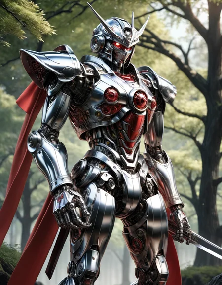 masterpiece,best quality,ultra-detailed,very detailed illustrations,extremely detailed,intricate details,highres,super complex details,extremely detailed 8k cg wallpaper, caustics,reflection,ray tracing, MECHA MUSUME, MECHANICAL PARTS,1boy, face, solo,alone, samurai, single mechanical arm, intricate mechanical bodysuit, red kimono, full armor, black hair, mecha sword on his belt, by the nature, trees, evening, 2hands, made out of ral-polishedsteel <lora:ral-polishedsteel:1>