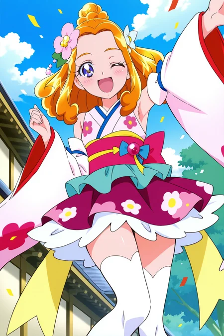 <lora:Mahoutsukai_Precure:1>, Mahoutsukai_Precure, 1girl, one eye closed, japanese clothes, thighhighs, hair ornament, detached sleeves, open mouth, solo, smile, kimono, hair flower, sash, flower, white thighhighs, confetti, outdoors, floral print, looking at viewer, obi, armpits, wide sleeves, blush, east asian architecture, hair bun, ;d, skirt, day