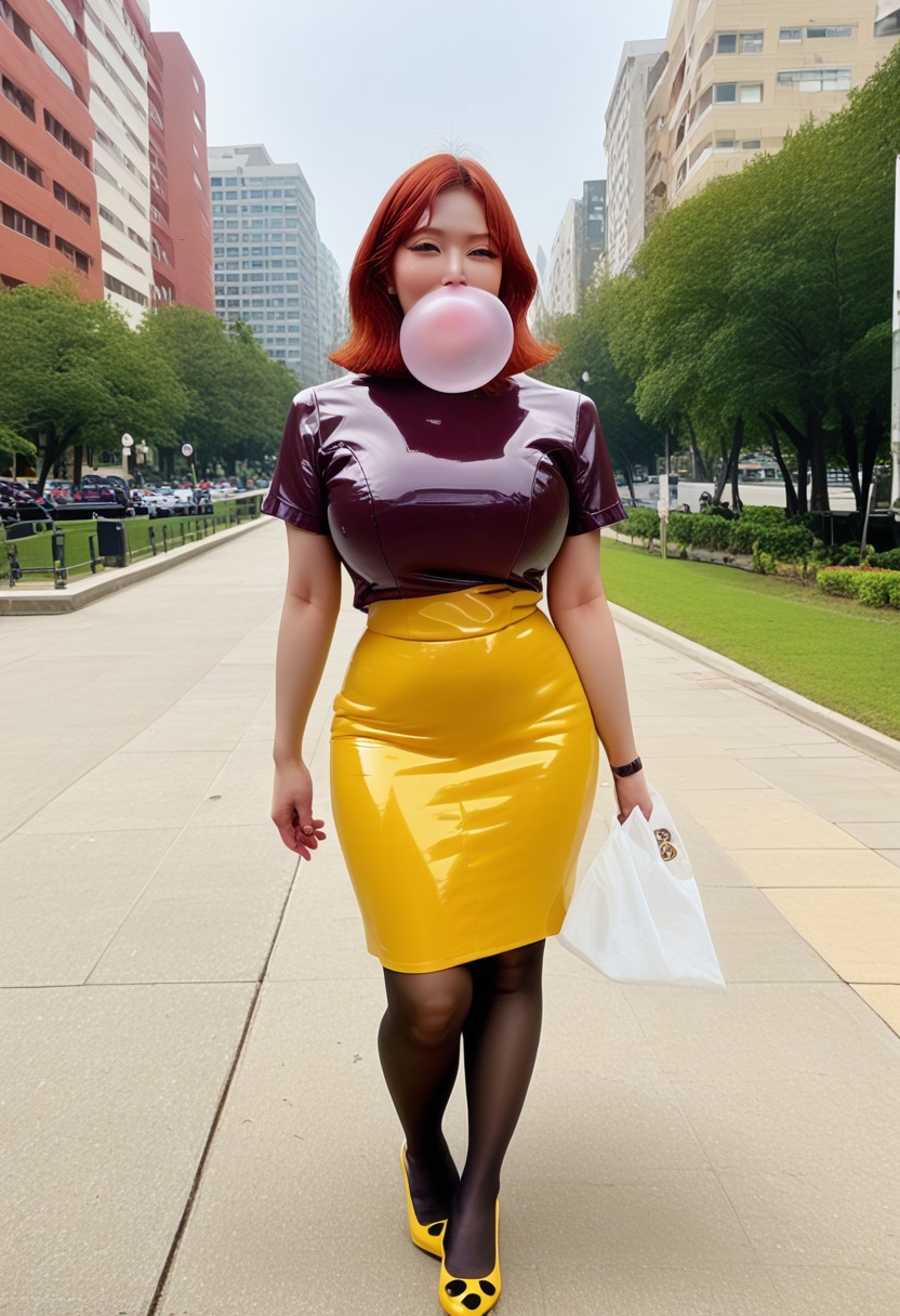 white skin, photo of an 22-year-old Korean idol,masterpiece, best quality,smiling, realistic,score_9, score_8_up, score_7_up, (full body shot), semi realistic,forehead, shot, (extra long thick luxurious shiny red-auburn hair),mature asian,milf, 
1girl, female, huge breasts, thick thighs, wide hips, horny, lips, korean_race_queenv2,gini_S2,Realisian-Neg, (yellow and black checkerboard skirt),(stiped yellow and red suit), (dark-purple latex shirt),pantyhose, parted bangs,manhwa milf, queen bee ami, lips (blowing clear large bubblegum), (walking through city park background)