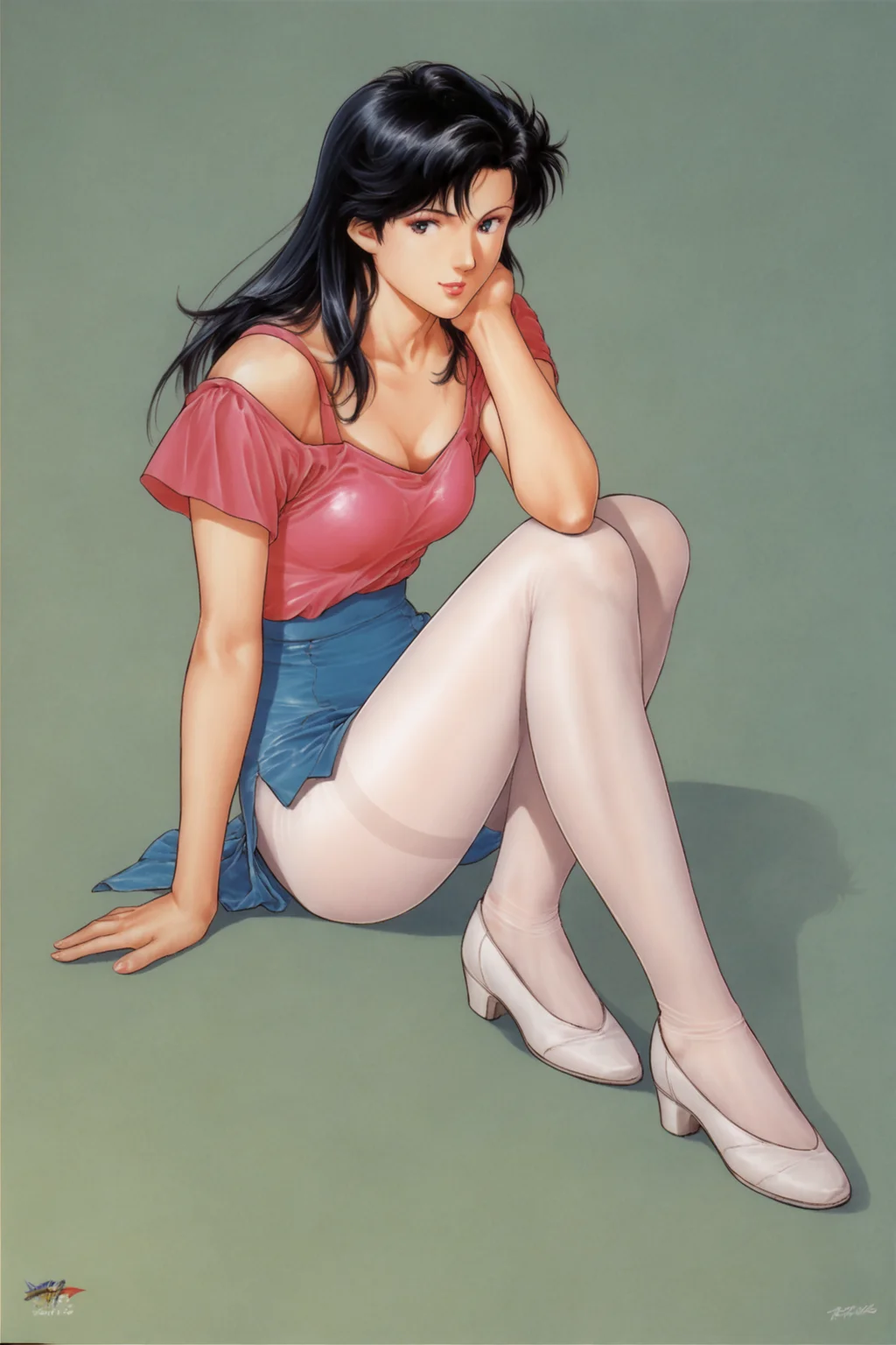 Hitomi Kisugi,1girl,solo,black hair,retro artstyle,long hair,1980s (style),pantyhose,score_9,score_8_up,<lora:Tsukasa Hojo_XL_PONY:0.8>,