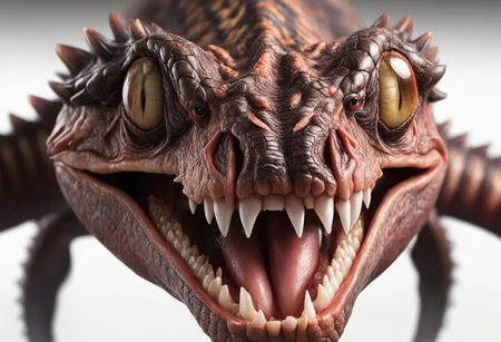 masterpiece, best quality, awsome details, smal fragile monster, skin like a snake, no nose, 3 tongues, 3 eyes, shapre long stick out teeth