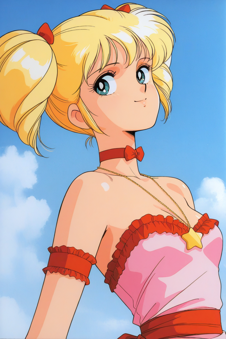 score_9, score_8_up, score_7_up, masterpiece, best quality, source_anime,official art,perfect_anatomy,1980s_\(style\),retro_artstyle,1girl,Eriko_Tamura,blonde_hair,twintails,hair_bow,armband,bare_shoulders,necklace,choker,dress,frills(detailed face,looking_at_viewer,smile),upper body,blue_sky,cloud
