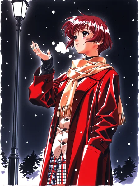 masterpiece,best quality,newest,
1girl,solo,
1990s \(style\),retro artstyle,<lora:nanase_yuuilxl_v1.0:1>,n_yuu,short hair,red hair,brown eyes,<lora:Fixhands_anime_bdsqlsz_V1:1>,simple_background,head_tilt,parted lips,light_blush,smile,scarf,coat,long sleeves,plaid skirt,snow,snowing,night,looking ahead,lamppost,standing,