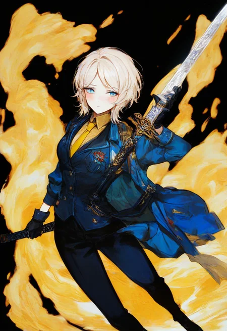 (score_9, score_8_up:1.1), score_7_up, masterpiece, perfect face, beautiful face, perfect hands, beautiful hands, <lora:Faust_Limbus:1>, FaustLimbus, FaustZwei, 1girl, solo, blush, short hair, bangs, blue eyes, blonde hair, simple background, gloves, holding, jacket, weapon, black gloves, pants, sword, holding weapon, holding sword, black pants, blue jacket, black background, planted, planted sword, yellow shirt, black necktie, dark blue jacket, open jacket, black vest, black pants, black footwear